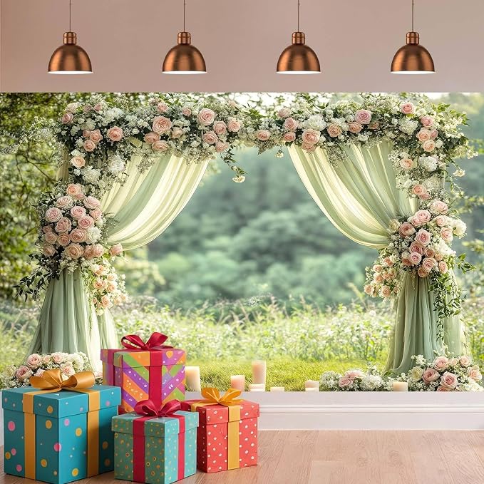 10X8ft Sage Green Floral Wall Backdrop Green Wedding Flower Arch Photography Background Spring Tea Party Backdrop Floral Girls Birthday Weeding Valentine's Day Mother's Day Event Banner Photo Props - Image 3