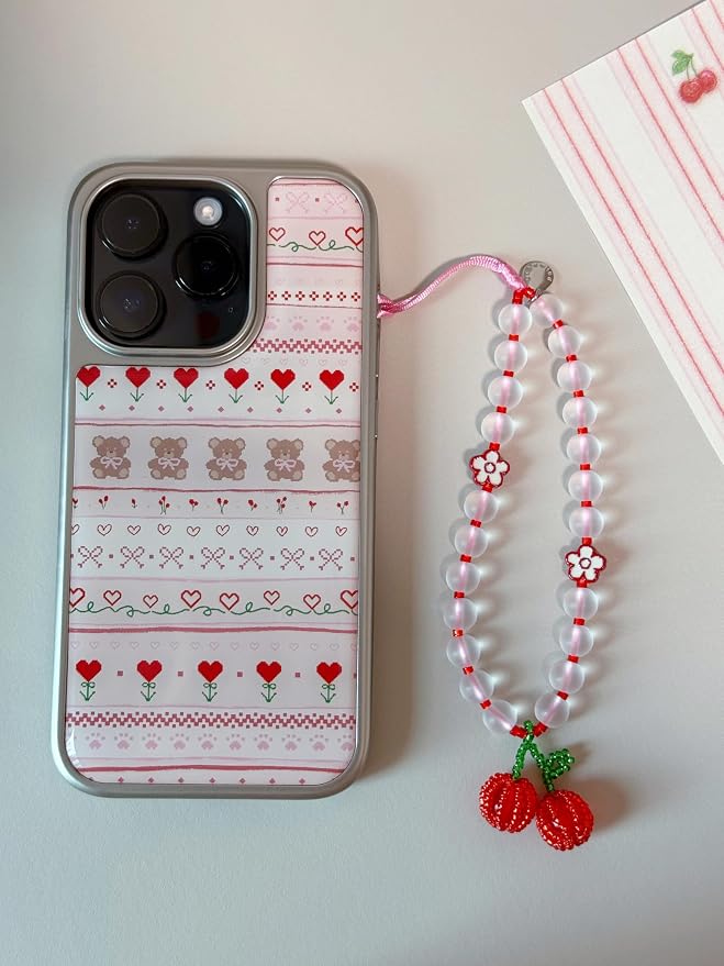 Drawwind Phone Charm Beaded Wristlet Strap Universal Cell Phone Lanyard Cute Bracelet Wrist Strap Beaded Chain String Handmade Accessories for Case Camera Bags (Cherry Crush) - Image 2