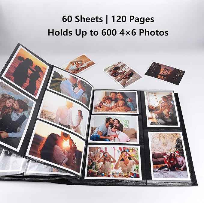 RECUTMS Photo Albums 4x6 Pictures, 600 Pockets Large Capacity Picture Album | Acid-Free Black Pages, Leather Cover, Dual Horizontal/Vertical Pockets, Custom Photo Cover, Perfect for Wedding, Family&Trave - Image 2