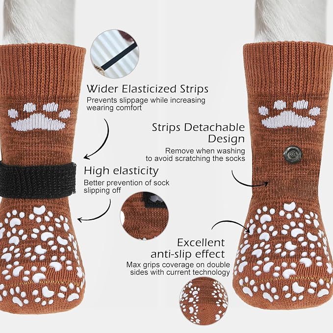 EXPAWLORER Anti Slip Dog Socks to Prevent Licking Paws, Dog Shoes for Hot Pavement, Dog Booties for Small Medium Large Senior Dogs, Traction Control Boots & Paw Protectors for Hardwood Floors Caramel - Image 2
