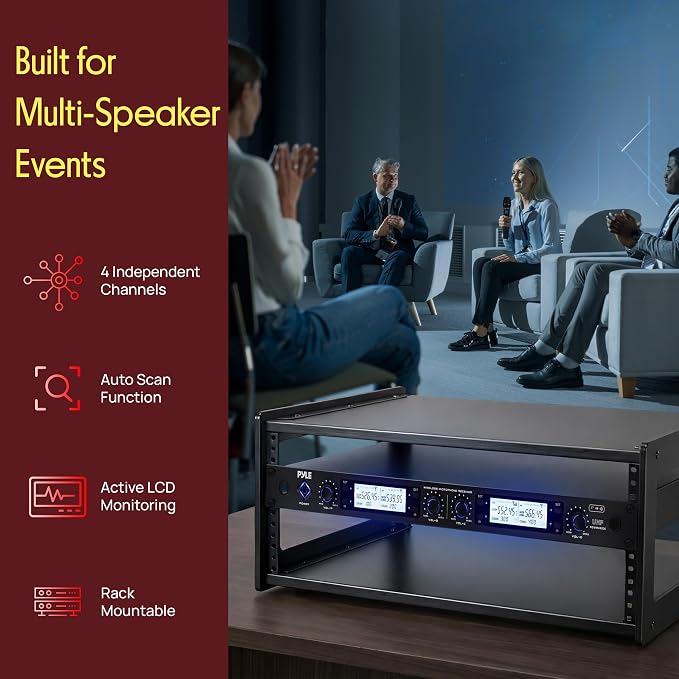 Pyle 4 Channel UHF Wireless Microphone System with 4 Lavalier & 4 Headset Mics, 300 Ft Range, Rack Mount Receiver for Conferences, Events & PA Systems - Image 3
