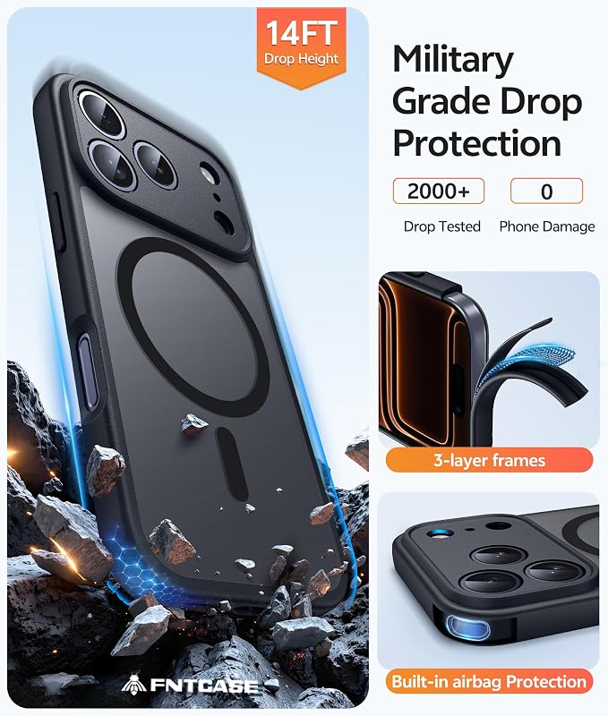 FNTCASE for iPhone 17 Pro Max Case, Fit for Magsafe, Screen Protector | Full Camera Protection, Translucent Matte, 14FT Military Grade Drop Proof, Shockproof Protective Phone Cover, Black Circle - Image 5