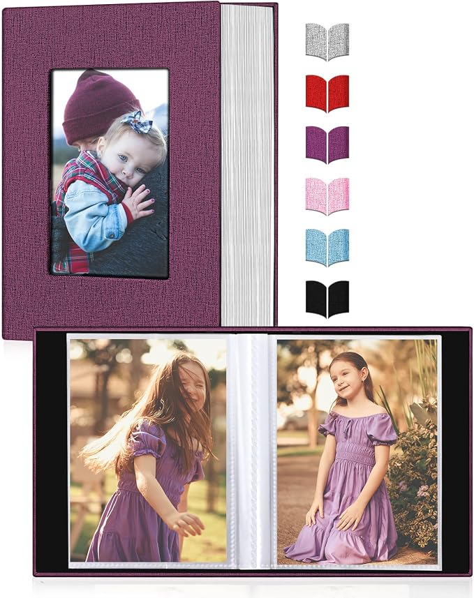 Small Photo Album 4x6,Linen Cover Slide-in Mini Photo Album Book Can Holds 100 4x6 Photos with 50 Black Sheets for Baby Family Pictures Artwork or Postcards Storage (Purple) - Image 2
