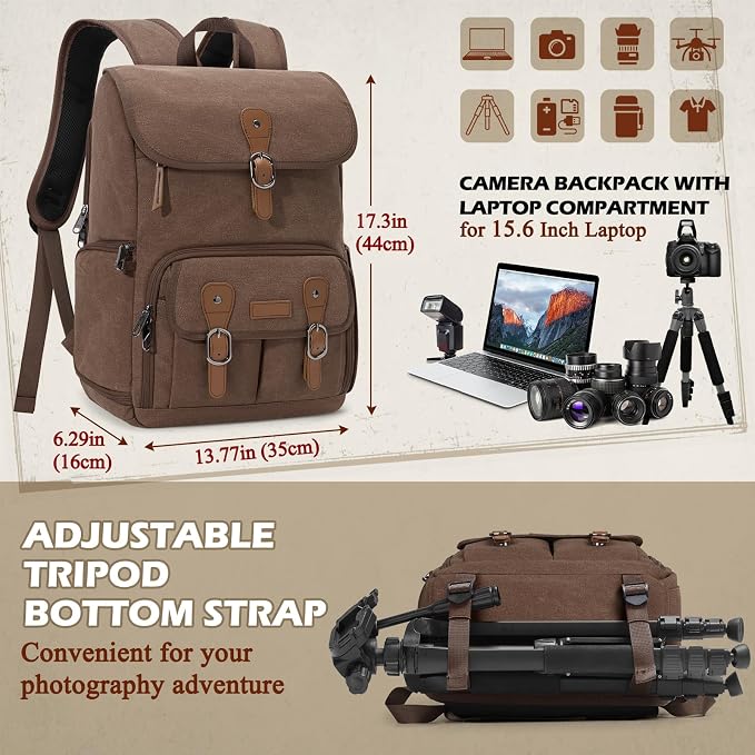 RAINSMORE Camera Backpack, DSLR SLR Mirrorless Camera Bag for Photographer | 15.6 Inch Vintage Canvas Camera Case with Laptop Compartment & Tripod Holder &Rain Cover for Sony Canon Nikon Fujifilm Coffee - Image 6