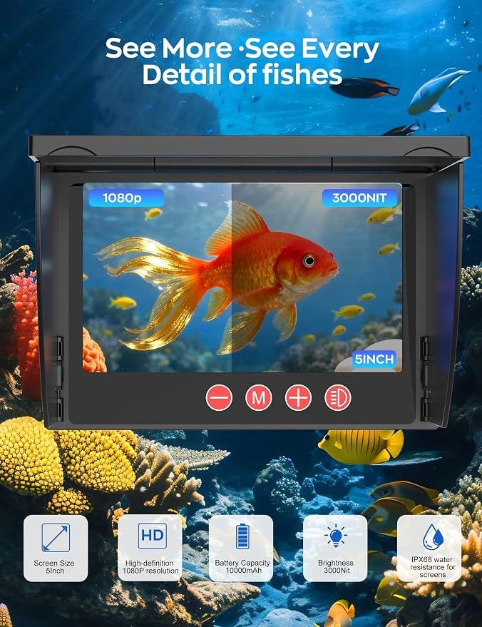 Underwater Fishing Camera,1080P Portable Fish Finder with 5" Waterproof IPS Screen,220° Ultra-Wide Ice Fishing Camera with 12 IR LED Night Vision,10000mAh Battery&100FT Cable for Boat, Lake & Kayak - Image 2