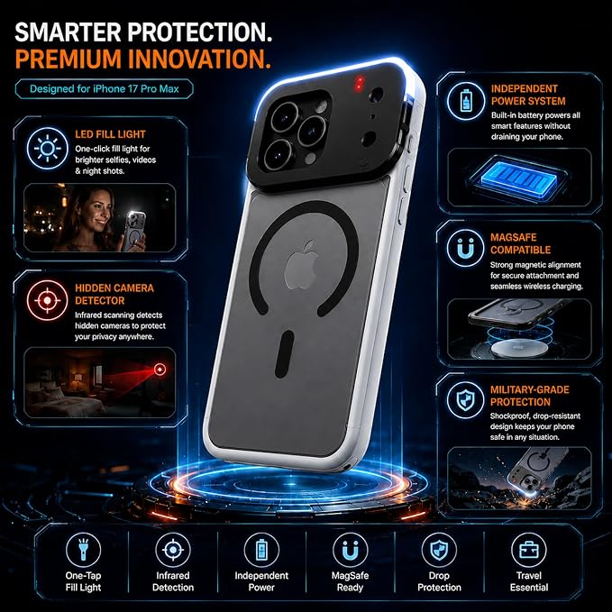 tesha Selfie Light Case for iPhone 16 Pro Max, MagSafe, Camera Detector | 2-Level LED Brightness, IR Hidden Camera Scanner, Drop Protection, Rechargeable Light Up Cover, No APP Needed for Video Vlog - Image 7
