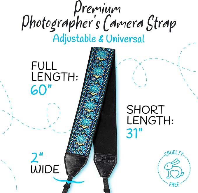 Camera Strap - Shoulder, Crossbody & Neck Camera Strap for Photographers, Fits All Cameras, Canon Nikon Sony Fujifilm, Padded Strap W/ Quick Release, Embroidered Cotton & Leather Ends, Blue - Image 5