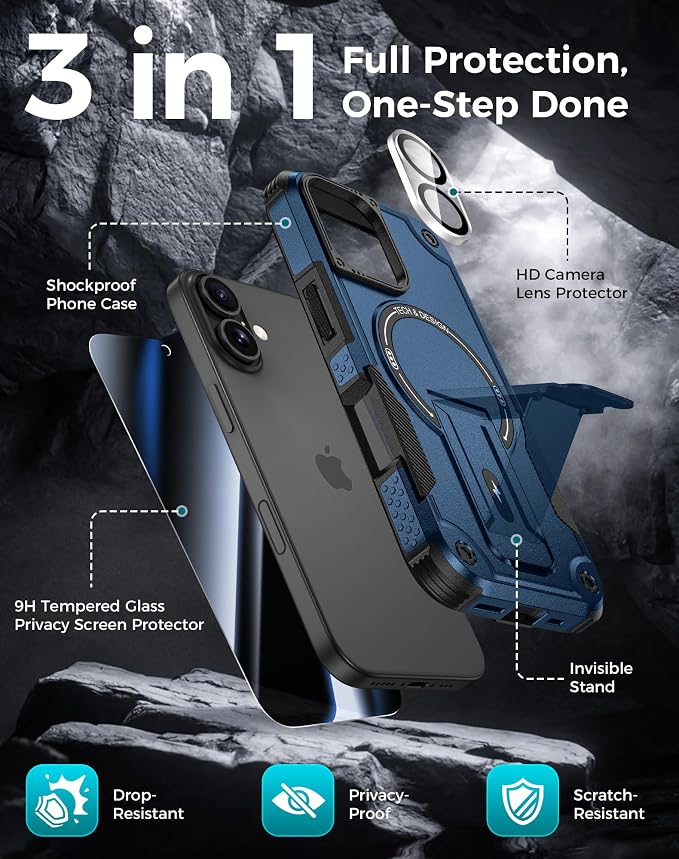 Goton 3 in 1 for iPhone 16 Case with Privacy Screen Protector Blue | Glass Camera Lens Protector,Compatible for MagSafe,Invisible Kickstand, Shockproof Phone Cover for iPhone16 - Image 3
