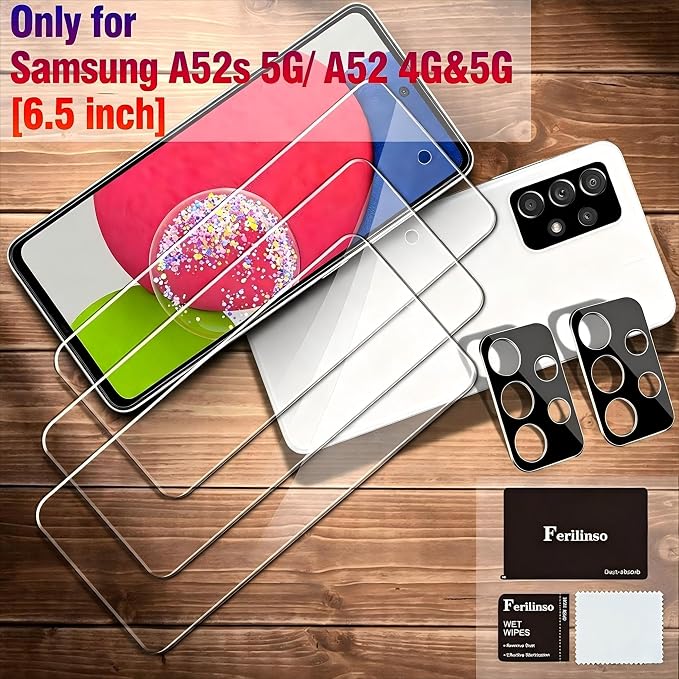 Ferilinso 3 Pack Screen Protector for Samsung Galaxy A52 4G&5G/A52s 5 | 9H+ Tempered Glass, Military-Grade Shatterproof, HD, Case Friendly, Easy Installation Bubble Free, with Camera Lens Protector - Image 2