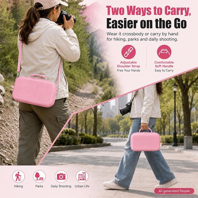 Camera Case for Canon EOS Rebel T7/R50/R100/for Sony a7iv/Mirrorless | EVA hard shell, Oxford fabric, 4 adjustable dividers and 3 mesh pockets for camera travel and home storage-Pink (Case Only) - Image 4