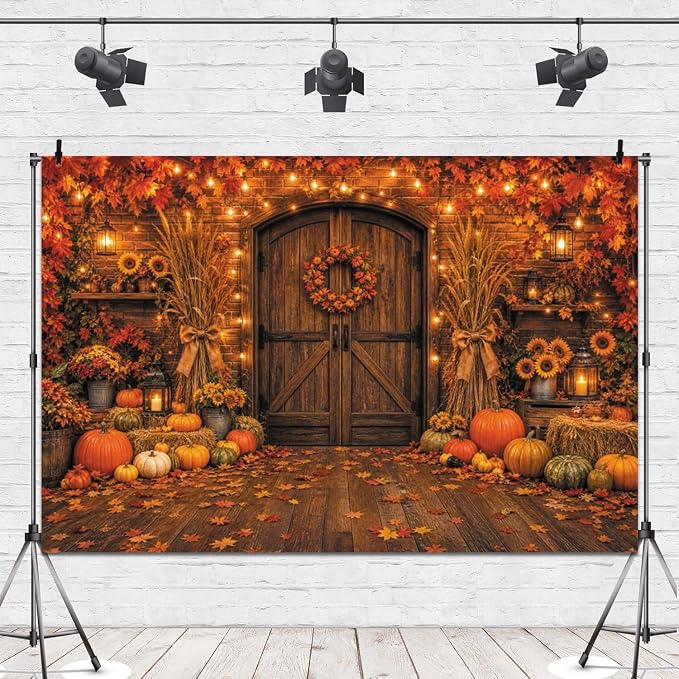 Rustic Barn Wooden Door Fall Backdrop 8x6ft Brick Wall Maple Leaf String Light Thanksgiving Background Pumpkin Sunflower Haystack Harvest Autumn Famliy Party Decorations Vinyl - Image 4