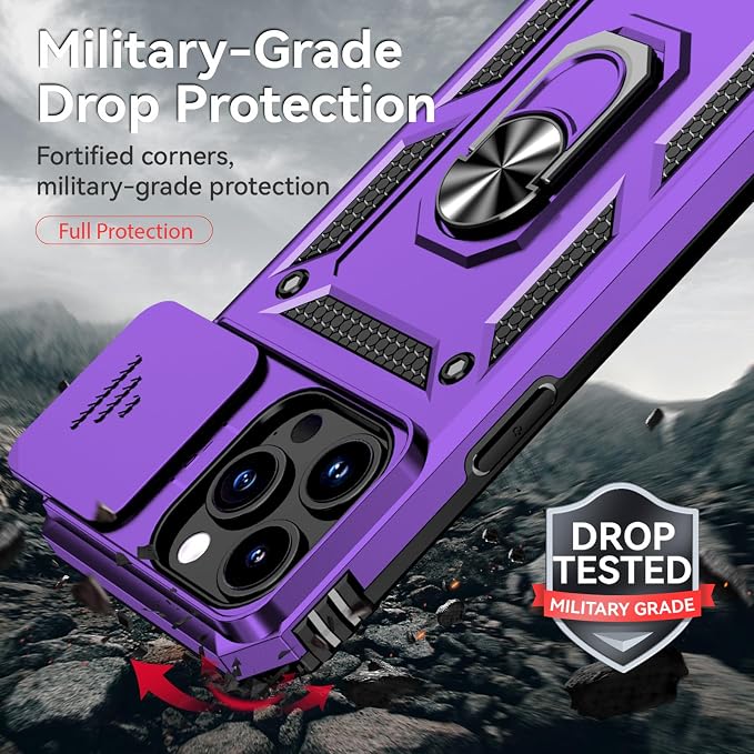HNHYGETE for iPhone 15 Pro Case with HD Screen Protector: [Military Grade 20ft. Drop Tested] Ring Shockproof Protective Phone Case for - iPhone 15 Pro (Purple) - Image 3