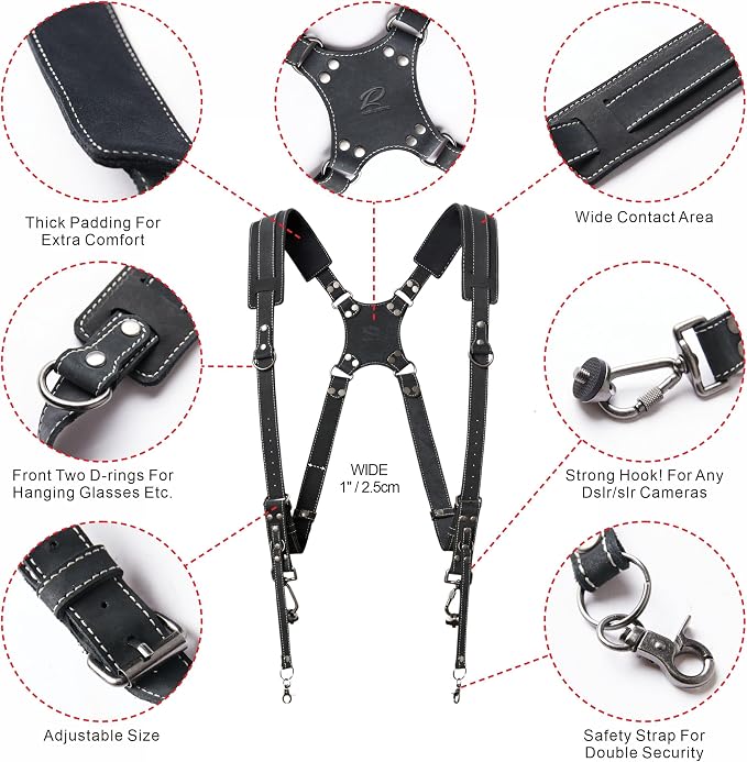 Padwa Lifestyle Black Frosted Dual Camera Harness Strap for Two-Cameras - Dual Shoulder Full Grain Leather Harness,Multi Double Camera Gear for DSLR/SLR Strap,Double Camera Harness for Photographers - Image 2