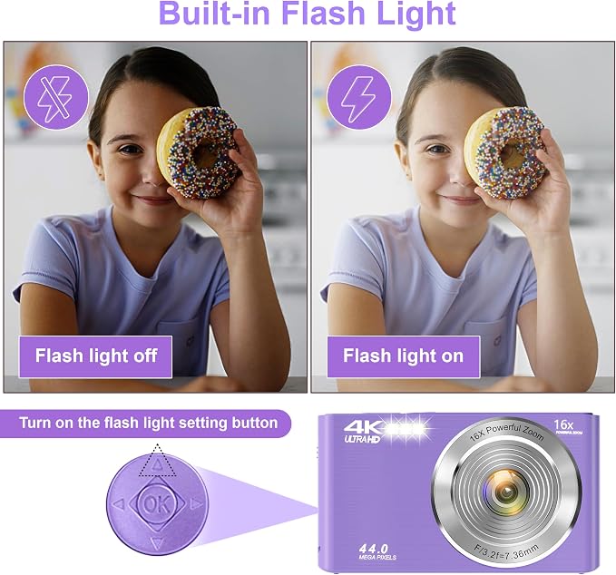 Digital Camera, FHD 4K Digital Camera for Kids Purple with 64GB SD Card 16X Digital Zoom, Cameras for Photography Compact Point and Shoot Camera for Teen Boys Girls Kids Autofocus Camera Digital - Image 7