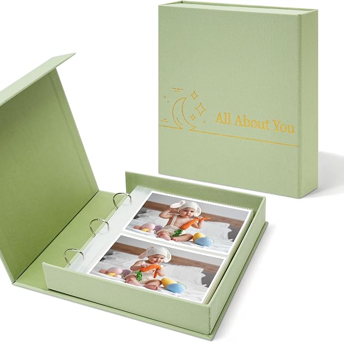 4x6 Photo Storage Box with 3-Ring Slip-In Binder Album, Linen Organizer with Gold Foil Cover, Holds 210 Photos for Travel, Wedding & Memory Keeping, Light Green by Hiwhy