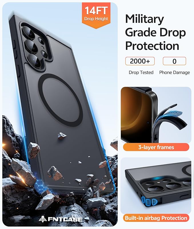 FNTCASE for Samsung Galaxy S23 Ultra Case, Fit for Magsafe, Black | Translucent Matte Magnetic Back, 14FT Military Grade Drop Protection, Shockproof Protective Phone Cover - Image 5