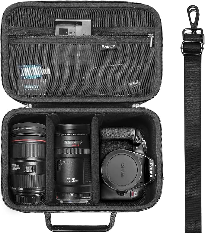 RAIACE Hard Carrying Case Compatible with Canon EOS Rebel T7/ T100/ T6/ R100/ R50/ R5/ R7/ R8, for Sony, for Nikon Camera. Large Capacity Camera Bag for Lens, Cables, Cards and Accessories. - Black by RAIACE