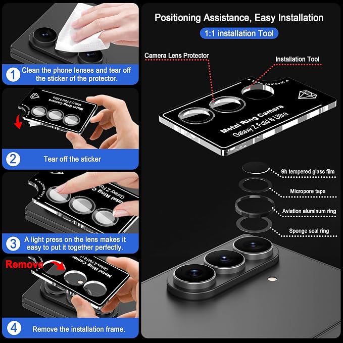 Meshine for Samsung Galaxy Z Fold 8 Ultra Camera Lens Protector,Scratch Proof,Strong Adsorption,9H Hardness with Metal Ring Camera Cover,Case Friendly,Accessories Lens Protector,Black - Image 3