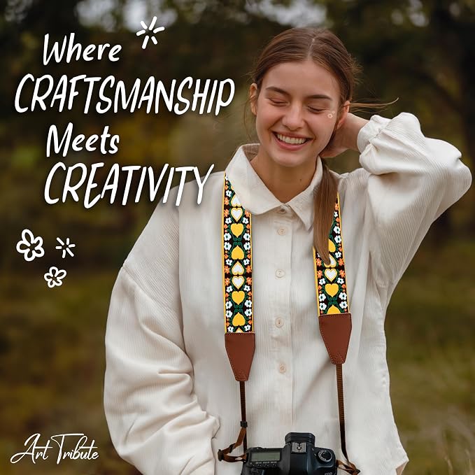Art Tribute Camera Strap - Shoulder, Crossbody & Neck Camera Strap for Photographers, Fits All Cameras, Canon Nikon Sony Fujifilm, Padded Strap W/Quick Release, Embroidered Cotton & Leather Ends - Image 8