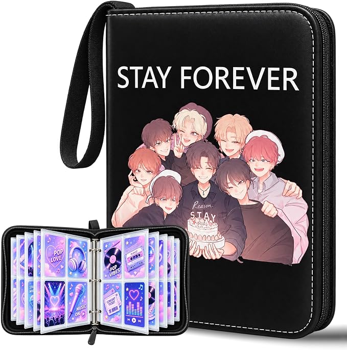 Cute Trading Photocard Binder, STAY Photo Album Cartoon Card Holder Book Storage 400 Cards with Sleeves for Lomo Cards Gift - Boys & Girls, idol Photo Protect (Black, 4 Pockets) by Kefeikj