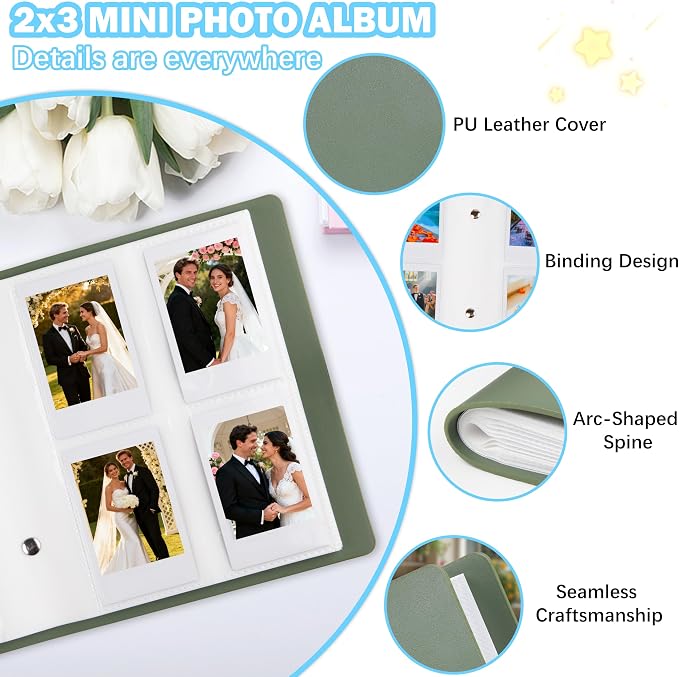 Ruibytree 320 Pockets Album for Instax Mini & Polaroid 2x3" Pictures, Green | Gift-Ready Packaging, PU Leather Cover, Acid-Free Pages, Side-Loading Clear Pockets, Durable Binding, Easy Photo Viewing - Image 4