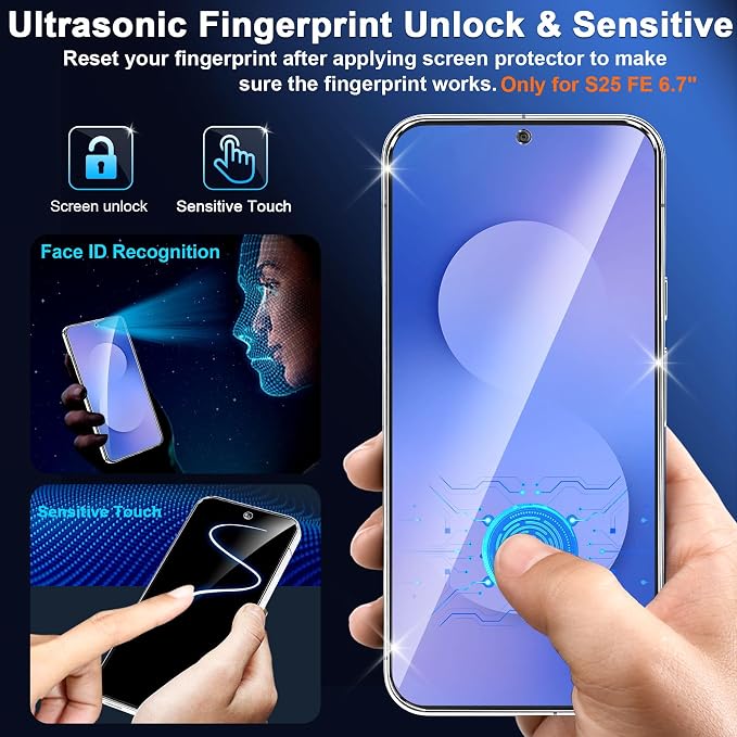 firtstnow 3 Pack for Samsung Galaxy S25 FE Screen Protector Tempered Glass + 3 Pack Camera Lens Protector, Military Grade Shatterproof, 9H Hardness, Fingerprint Unlock, Case Friendly 6.7 Inch - Image 7