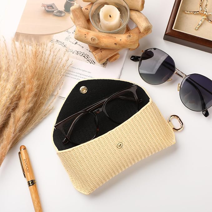 Leinuosen Woven Straw Sunglasses Case with Clip Hard Shell Rattan - Image 4