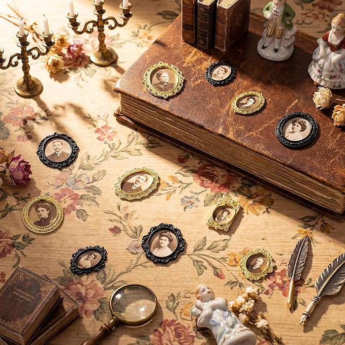 Lewtemi 14 Pcs Mini Frames Dollhouse, Vintage Black Gold Oval | Museum Accessories for Miniatures, Vintage Ornate Design with Hanging Holes, Ideal for Tiny Photo Display in 1:12 Scale Rooms - Image 4