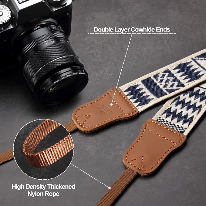 Padwa Lifestyle Diamonds Camera Strap - 1.5" Crazy Horse Cowhide Ends Camera Straps for Photographers, Cute Cotton Weave Soft Suede Fabric Padded Strap fits All Cameras for Adults & Kids - Image 5