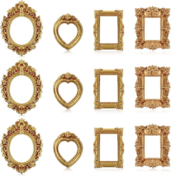 Miniature Dollhouse Mirror & Picture Frames Set 12 PCS Vintage Gold Resin Mini Frames with Carved Details for Wall Hanging Desktop Display Jewelry Showcase DIY Crafts 1/12 Scale Dollhouse Décor by Unknown