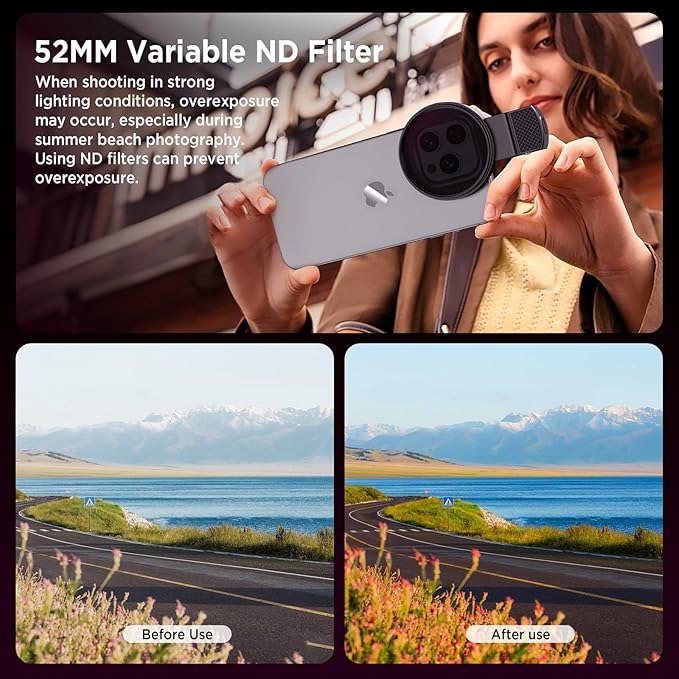 52mm Variable ND2-ND400 Filter with Upgraded Phone Clip, Neutral Density Filter Lens for iPhone 16/15/14/13 Pro Max Samsung Moto Google TCL, HD Double-Sided Multi-Coated Glass - Image 3