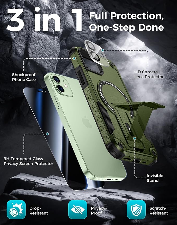 Goton 3 in 1 for iPhone 12 Case with Privacy Screen Protector Green | Glass Camera Lens Protector,Compatible for MagSafe,Invisible Kickstand, Shockproof Phone Cover for iPhone12 - Image 3