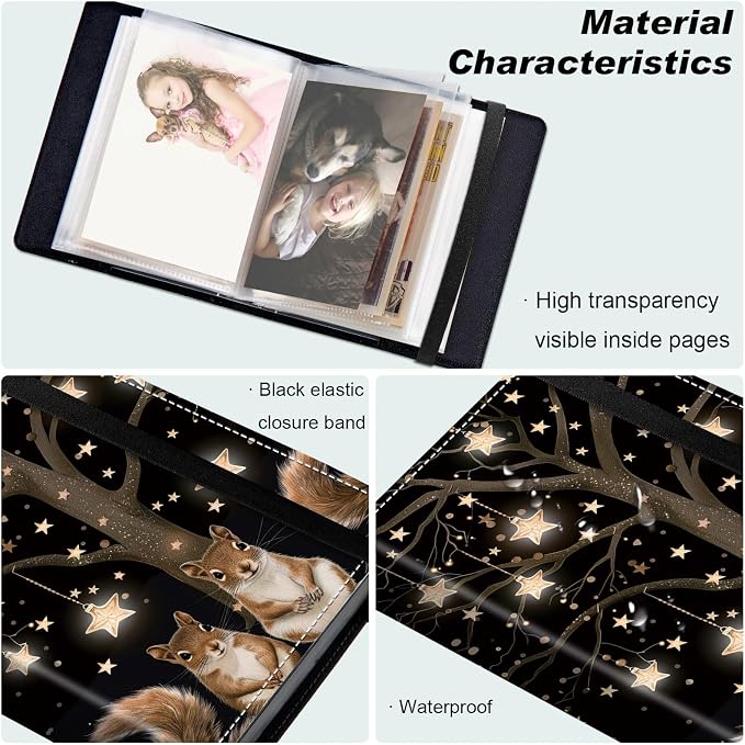 Small Photo Album 5x7, 60 Pockets Holds 120 Photos, Slip-in Pocket Photo Album with Black Elastic Band for Family Wedding Baby Travel Pictures, Stars Squirrels Under A Tree - Image 5