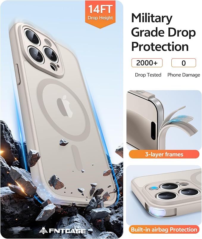 FNTCASE for iPhone 14 Pro Max Case, Fit for Magsafe, Glass Screen Protector | Full Camera Protection, Translucent Matte, 14FT Military Grade Drop Proof, Shockproof Protective Phone Cover, Off White - Image 5