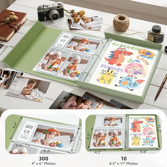 4x6 Photo Storage Box with 3-Ring Slip-In Album, Linen Binder Organizer with Gold Foil Cover, Holds 310 Photos with Blank Memo Cards for Memories & Keepsakes, Light Green - Image 2