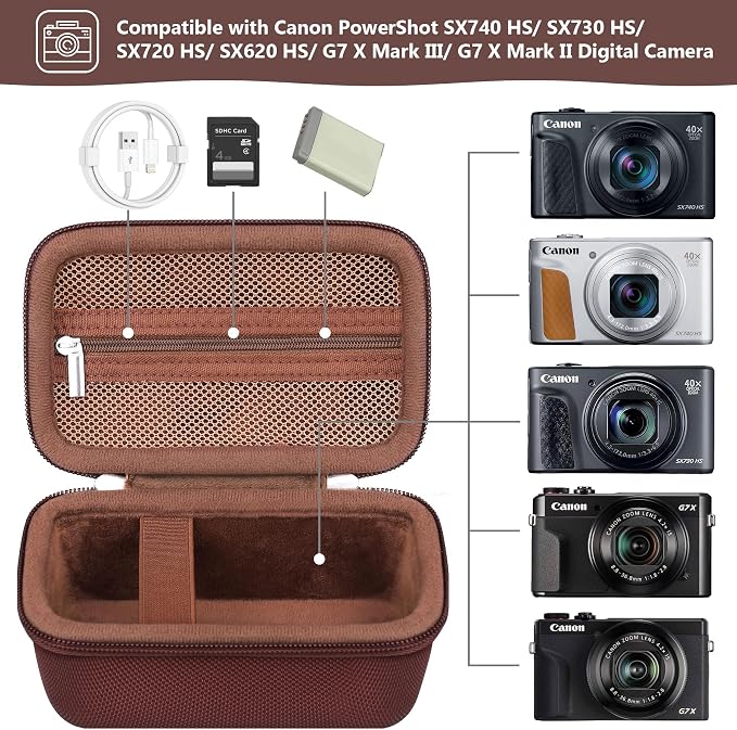 Carrying Case for Canon PowerShot SX740 HS, SX730 HS Camera, Brown | SX720 HS, SX620 HS, G7 X Mark III, G7 X Mark II Digital Camera, Storage Holder Travel Bag with Mesh Pocket for Battery Pack - Image 2