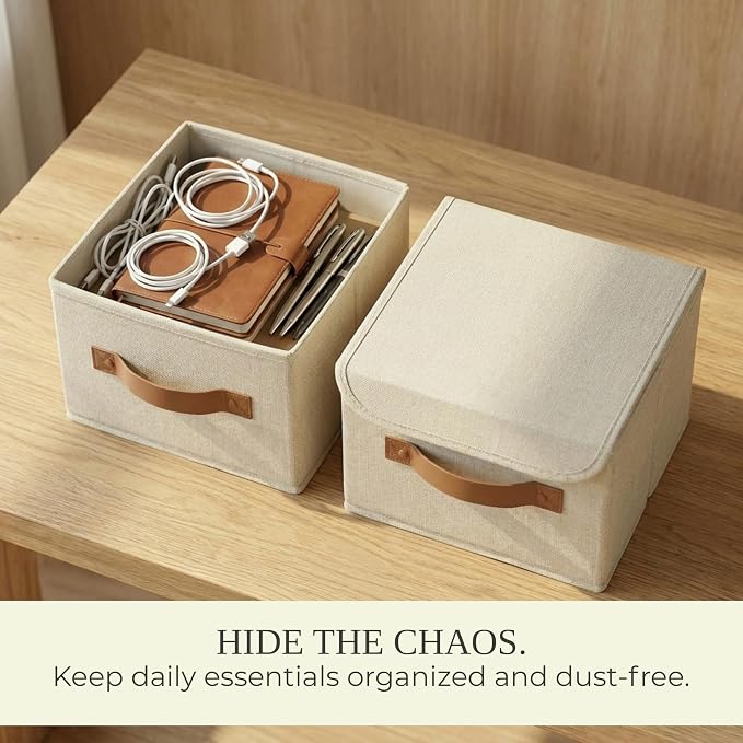 Decorative Linen Storage Boxes with Lids - Spacious Set of 2 Organizer Bins | The Perfect Small Container for Home Decor - Safely Store Photos, Documents and Memory Box Keepsakes in Style - Image 7