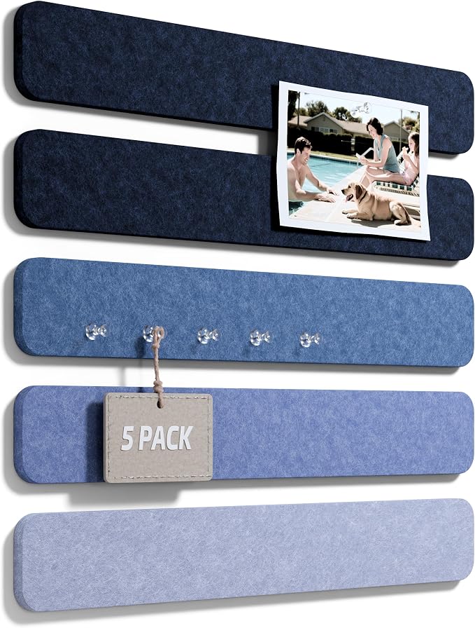 Fluxynara 13" x 2" Felt Wall Panels, Denim Mist | 5-Pack Includes 35 Push Pins and Adhesive Tabs for Photos, Notes and Decor in Bedroom Doors, Home Office or Studios by FLUXYNARA