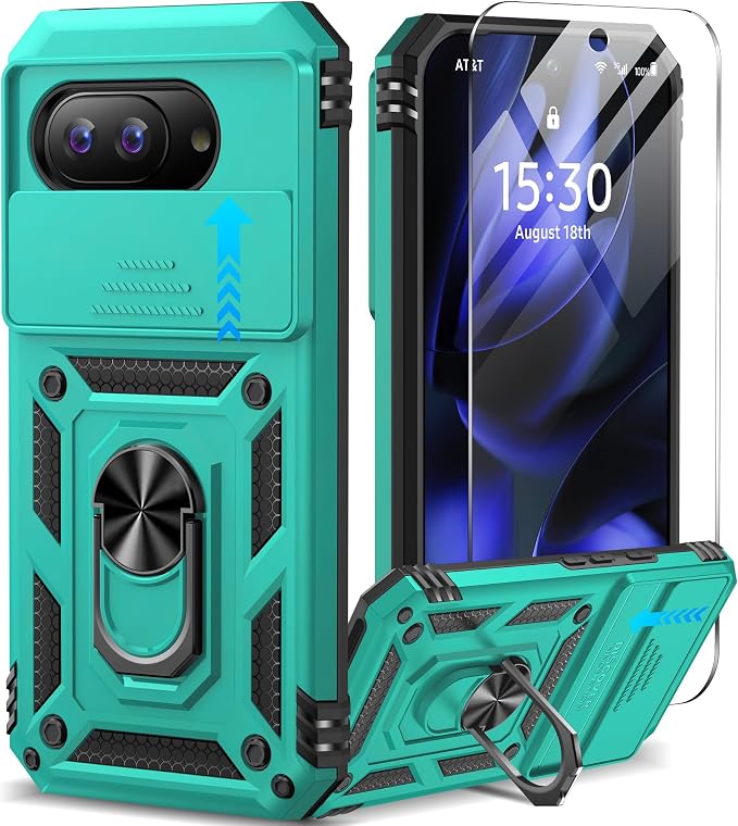 Taisairu for Google Pixel 9A Case with Screen Protector & Slide Camera Lens Cover,Built-in 360°Rotate Magnetic Ring Stand Shockproof Protective Phone Case for Google Pixel 9A Case(Mint Green) by Taisairu