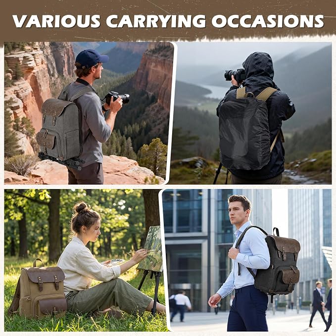 RAINSMORE Vintage Camera Bag with Side Access for DSLR/SLR Mirrorless | 25L Waterproof 15.6 Inch Laptop Photography Backpack with Rain Cover & Tripod Holder Anti-theft Camera Bags for Photographers - Image 8