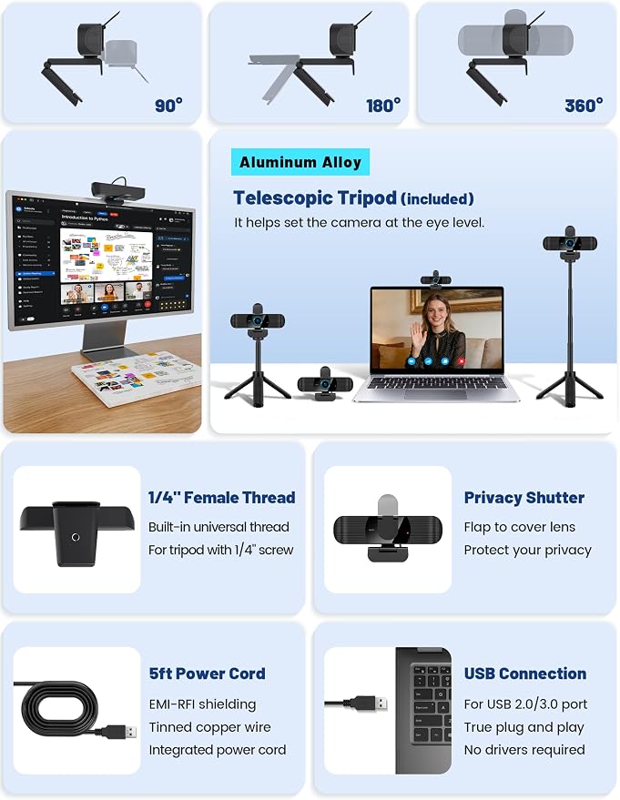 Pro QHD 2K/60fps Webcam with Tripod, External USB Camera for PC/Laptop | Dual noise-cancelling mics | Auto-focus | Wide-angle | Low-light correction | 360° rotation | CMOS sensor | Plug and Play - Image 3