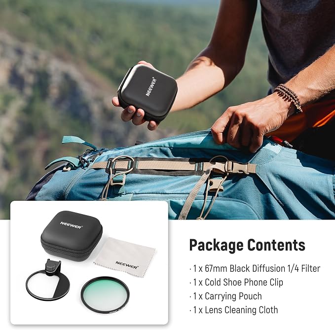 NEEWER 67mm Black Diffusion 1/4 Filter for Mist Cinematic Effect & Cold Shoe Phone Clip, Pouch & Lens Cleaning Cloth, Compatible with iPhone 17 16 16e 15 Pro Max Android Samsung Galaxy S26 Ultra - Image 8