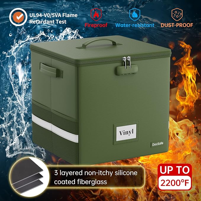 DocSafe Vinyl Record Storage Box with Lock, Fireproof＆Water Resistant Record Organizer for 100+ Single Records(12-inch), Collapsible Storage Crate with Lid&Handles for Valuable Album Collection,Green - Image 2