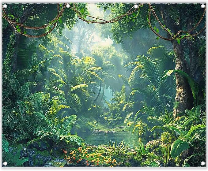 Fabric 10x8ft Jungle Forest Photography Backdrop Rainforest Banner | Tropical Natural Scenery River Background, Summer Adventure Party Decorations, Kids Adult Photo Props, Polyester, Grommets by ZTHMOEBACKDROP