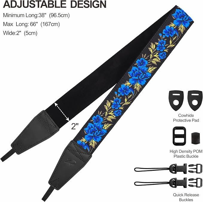 Padwa Lifestyle Blue Rose Camera Strap - 2" Full Grain Leather Ends Camera Straps for Photographers, Vintage Embroidered Cotton Soft Suede Fabric Padded Strap Quick Release fits All Cameras - Image 6
