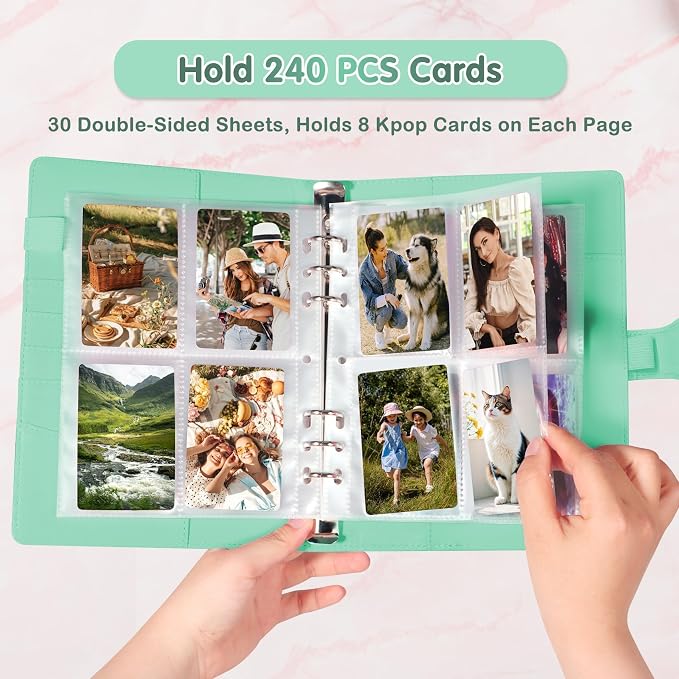 WITHYU A5 Card Collector with 30 Pack 4-Pocket Pages, 6 Ring Binder Album with 240 Card Slots, PU Leather Binder Cover with Magnetic Buckle Closure (Green) - Image 2