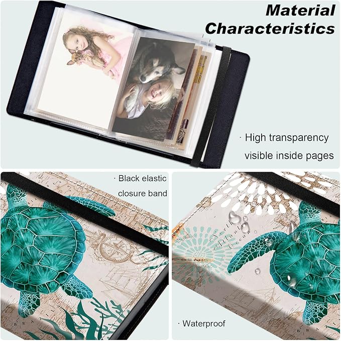 DEGDFSGR Small Photo Album 4x6 60 Pockets 120 Photos - Adventure Book Baby Photo Albums Photo Books for 4X6 Pictures Memory Book with Black Elastic Band for Photo Storage, Cute Green Turtle - Image 5