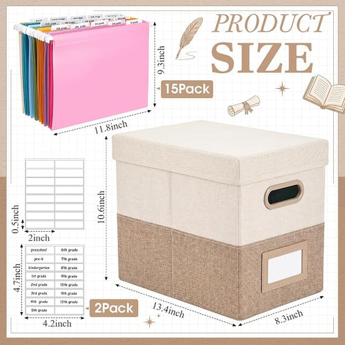 1 Set School Memory Box Organizer, School Keepsake Organizer K-12,Beige | with 15 Hanging File Folders, 4 Labels, 3 Sticker, Mesh-Pocket Lid, for Letter/A4, Report Cards, Photos, Awards, File Keeper - Image 2