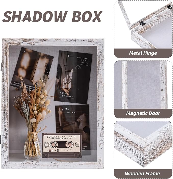 Muzilife 11x14 Shadow Box Picture Frame, 2.16 Deep, HD Glass, Rustic White | FSC-Wood, Magnetic Door, Linen Interior & Pins, Vertical, Horizontal Wall Hanging, Display Case Frame for Photos & Keepsakes - Image 4