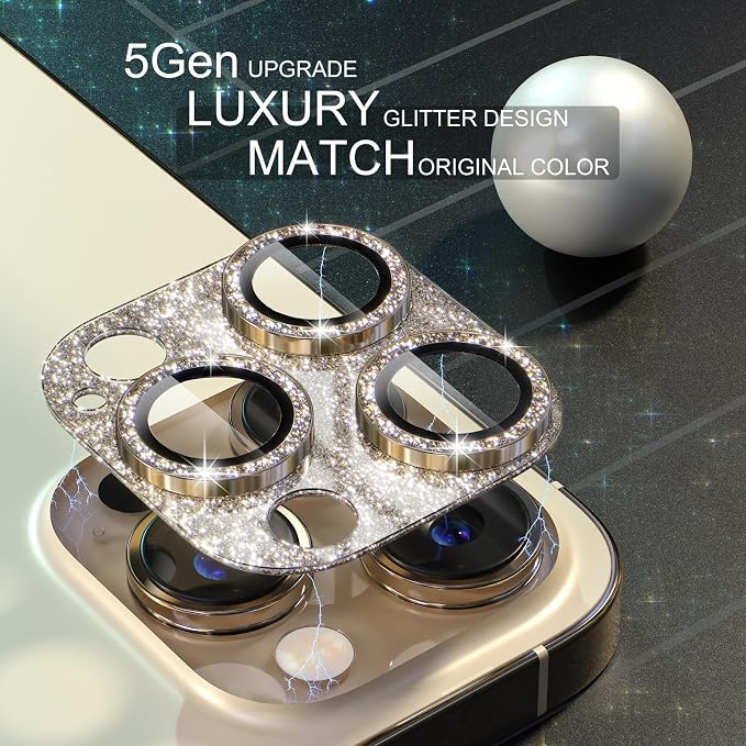 Choiche for iPhone 14 Pro/iPhone 14 Pro Max Camera Lens Protector | Bling Camera Cover with 9H Tempered Glass Lens Screen Protector Metal Ring Decoration Accessories (Glitter-Gold) - Image 3